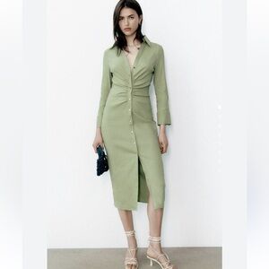 NWT Zara Gathered Linen Blend Shirt Dress S Green Gold Buttons